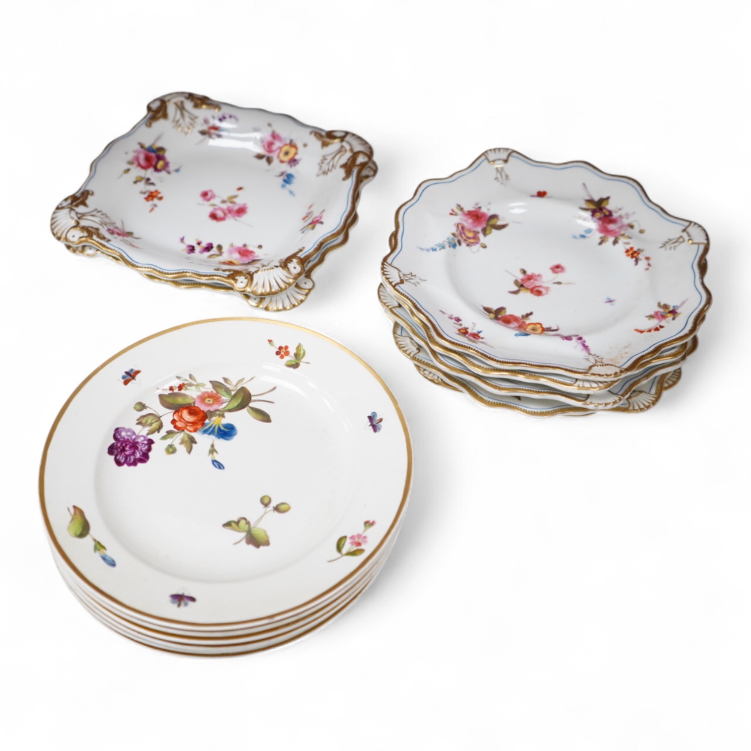 A set of six early 19th century Spode floral dessert plates, and an English porcelain part dessert service, c.1835, largest 22cm in diameter